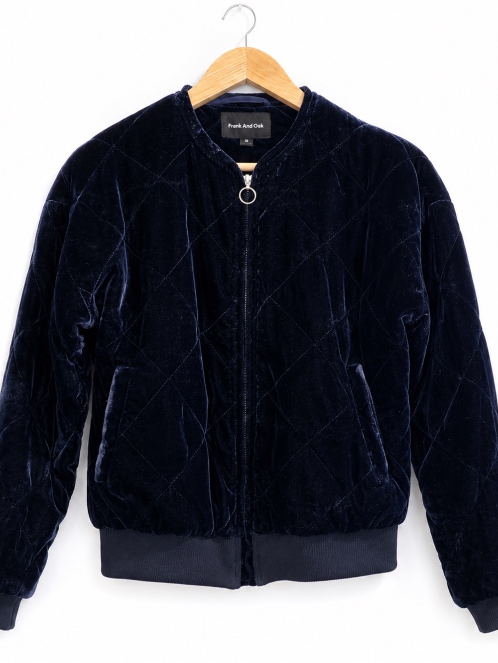 Frank & Oak Quilted Velvet Bomber in Navy